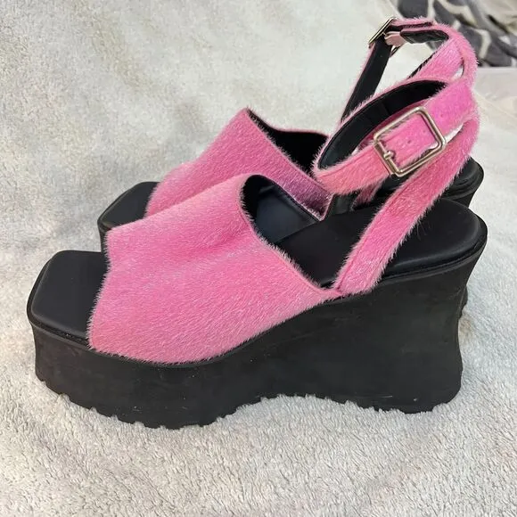 Delias Womens Pink Platform Wedge Sandals 11M Del21-155 Dolls Kill Fuzzy