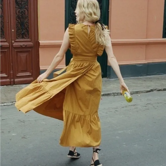 DÔEN Marigold Yellow Orange Ruffle Bib Wrap Midi Savannah SunDress Sun Dress
