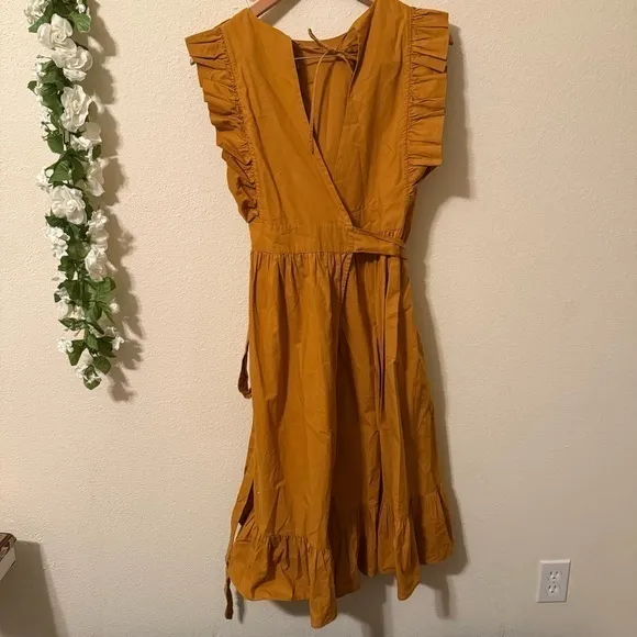 DÔEN Marigold Yellow Orange Ruffle Bib Wrap Midi Savannah SunDress Sun Dress