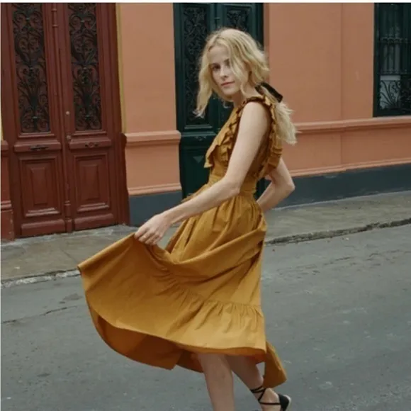 DÔEN Marigold Yellow Orange Ruffle Bib Wrap Midi Savannah SunDress Sun Dress