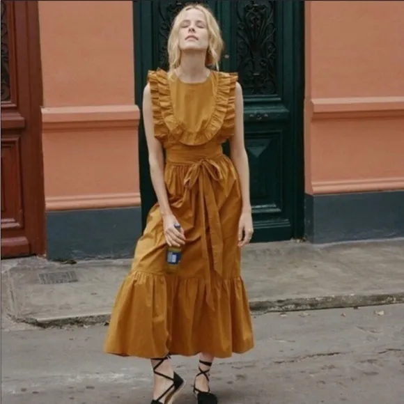 DÔEN Marigold Yellow Orange Ruffle Bib Wrap Midi Savannah SunDress Sun Dress