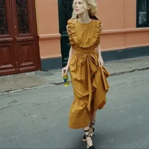 DÔEN Marigold Yellow Orange Ruffle Bib Wrap Midi Savannah SunDress Sun Dress