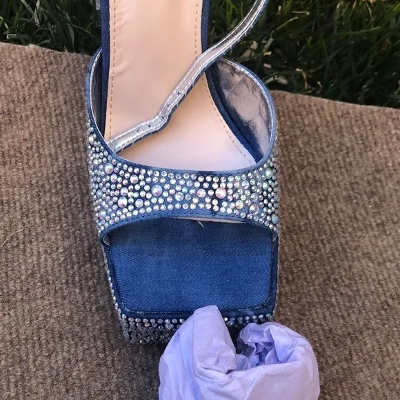 Denim ,rhinestone ,crystals sandals, metallic stiletto. Ankles straps.Wide fit.