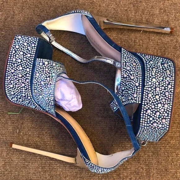 Denim ,rhinestone ,crystals sandals, metallic stiletto. Ankles straps.Wide fit.
