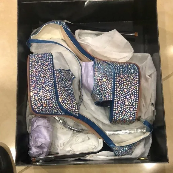 Denim ,rhinestone ,crystals sandals, metallic stiletto. Ankles straps.Wide fit.