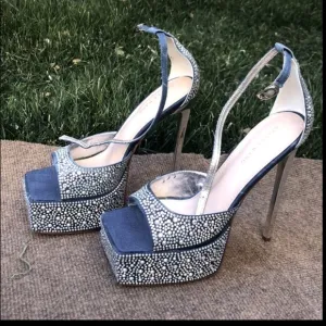 Denim ,rhinestone ,crystals sandals, metallic stiletto. Ankles straps.Wide fit.