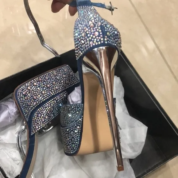 Denim ,rhinestone ,crystals sandals, metallic stiletto. Ankles straps.Wide fit.