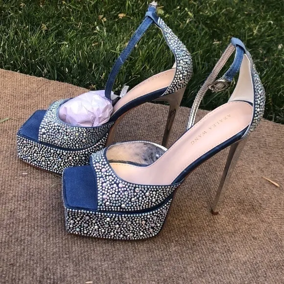 Denim ,rhinestone ,crystals sandals, metallic stiletto. Ankles straps.Wide fit.