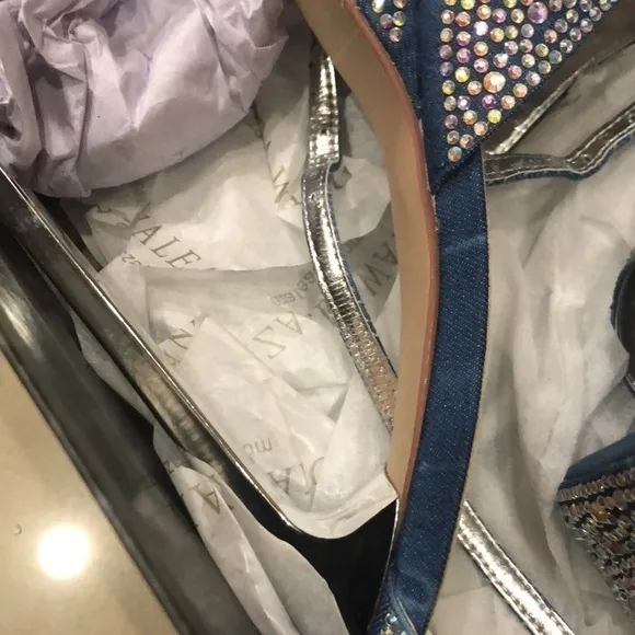 Denim ,rhinestone ,crystals sandals, metallic stiletto. Ankles straps.Wide fit.