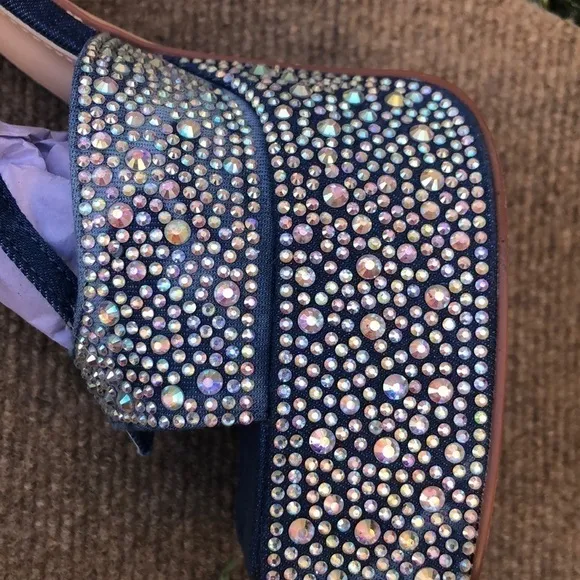 Denim ,rhinestone ,crystals sandals, metallic stiletto. Ankles straps.Wide fit.