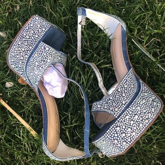 Denim ,rhinestone ,crystals sandals, metallic stiletto. Ankles straps.Wide fit.