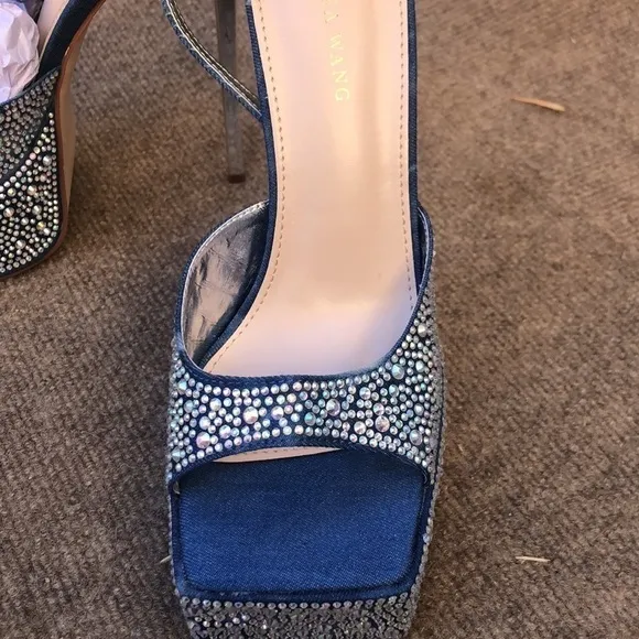 Denim ,rhinestone ,crystals sandals, metallic stiletto. Ankles straps.Wide fit.