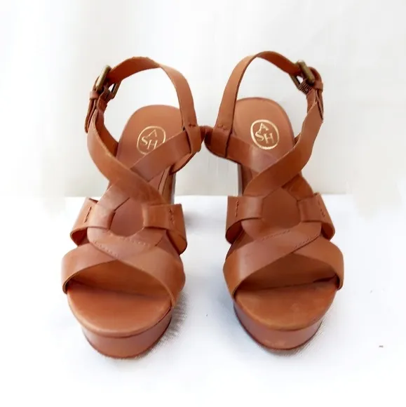 Designer Ash Delire Cognac Leather Platform Sandals- 8.5