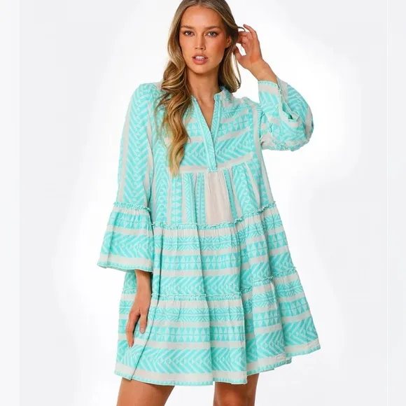 DEVOTION TWINS Ella Embroidered Mini Dress Mint Green XS Oversized Ruffles