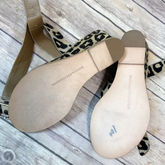 Dian von Furstenberg crisscross leopard print calf hair wedge sandals 6.5