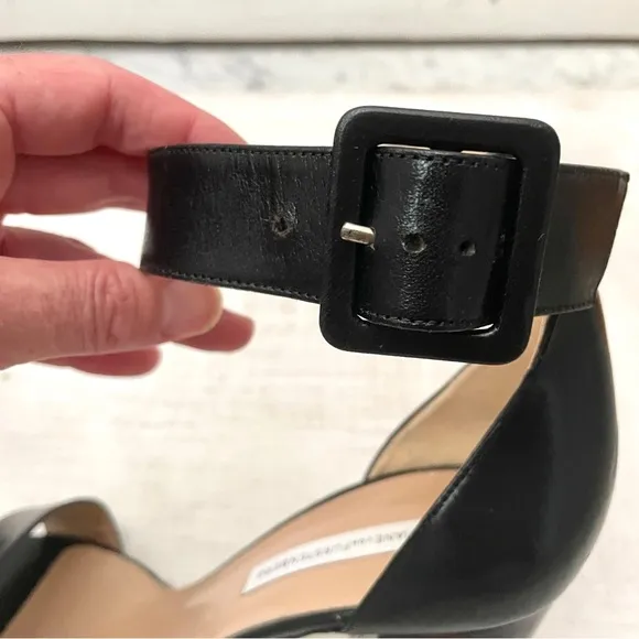 Diane Von Furstenberg Black Leather Ankle Strap Tortoiseshell Heels Size 9.5