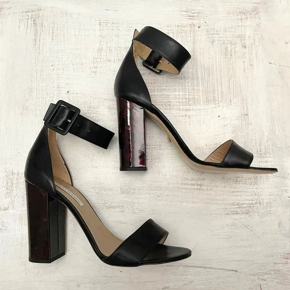 Diane Von Furstenberg Black Leather Ankle Strap Tortoiseshell Heels Size 9.5