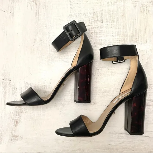 Diane Von Furstenberg Black Leather Ankle Strap Tortoiseshell Heels Size 9.5