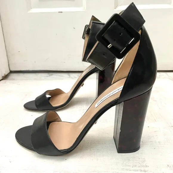 Diane Von Furstenberg Black Leather Ankle Strap Tortoiseshell Heels Size 9.5