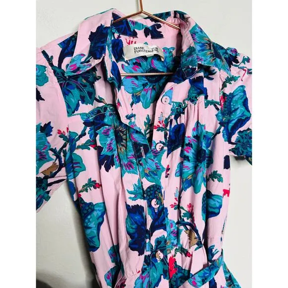 DIANE VON FURSTENBERG Pink Floral Cotton A-Line Queena Midi Dress Size XXS