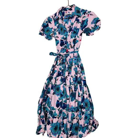 DIANE VON FURSTENBERG Pink Floral Cotton A-Line Queena Midi Dress Size XXS