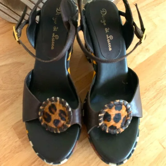 DIEGO DI  LUCCA Platform Wedge Heel Sandals Brown Tribal Ethnic Painted Size 6