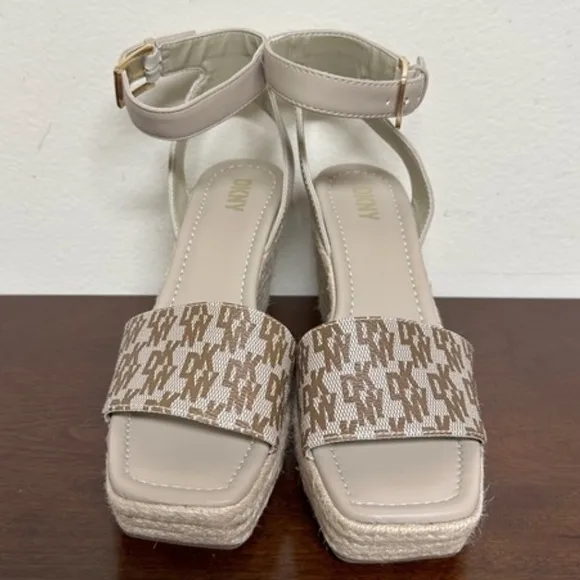 DKNY Calima Logo Espadrille Wedge Ankle Strap Sandals Size 8.5