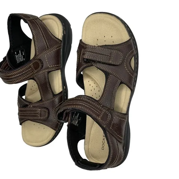 Dockers Men’s Brown Leather Cushioned Footbed Adjustable Straps Sandals Size 12