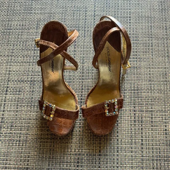 Dolce &amp; Gabbana Brown Faux Croc &amp; Jewel Open Toe Heeled Platform Sandals