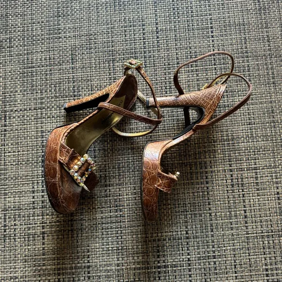 Dolce &amp; Gabbana Brown Faux Croc &amp; Jewel Open Toe Heeled Platform Sandals