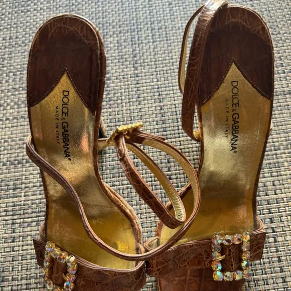 Dolce &amp; Gabbana Brown Faux Croc &amp; Jewel Open Toe Heeled Platform Sandals