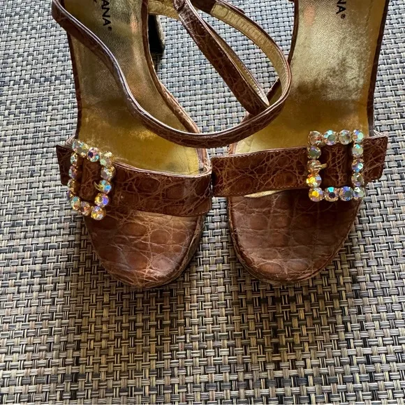 Dolce &amp; Gabbana Brown Faux Croc &amp; Jewel Open Toe Heeled Platform Sandals
