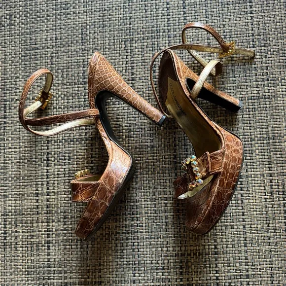 Dolce &amp; Gabbana Brown Faux Croc &amp; Jewel Open Toe Heeled Platform Sandals