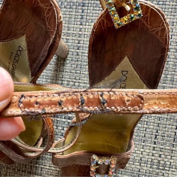 Dolce &amp; Gabbana Brown Faux Croc &amp; Jewel Open Toe Heeled Platform Sandals