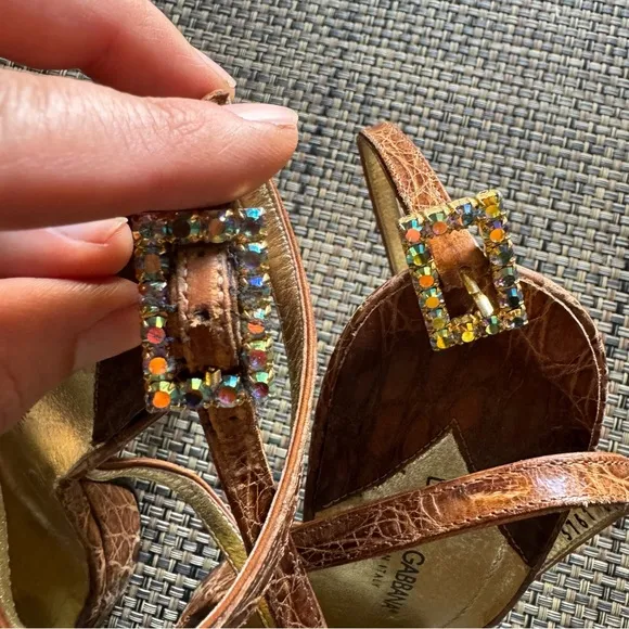 Dolce &amp; Gabbana Brown Faux Croc &amp; Jewel Open Toe Heeled Platform Sandals