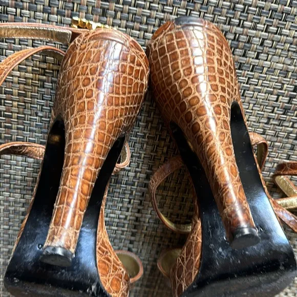 Dolce &amp; Gabbana Brown Faux Croc &amp; Jewel Open Toe Heeled Platform Sandals