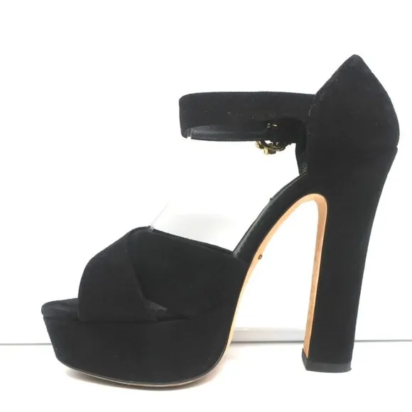DOLCE &amp; GABBANA CRYSTAL BUCKLE PLATFORM SANDALS BLACK CRISSCROSS SUEDE SIZE 36
