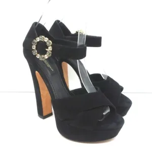 DOLCE &amp; GABBANA CRYSTAL BUCKLE PLATFORM SANDALS BLACK CRISSCROSS SUEDE SIZE 36