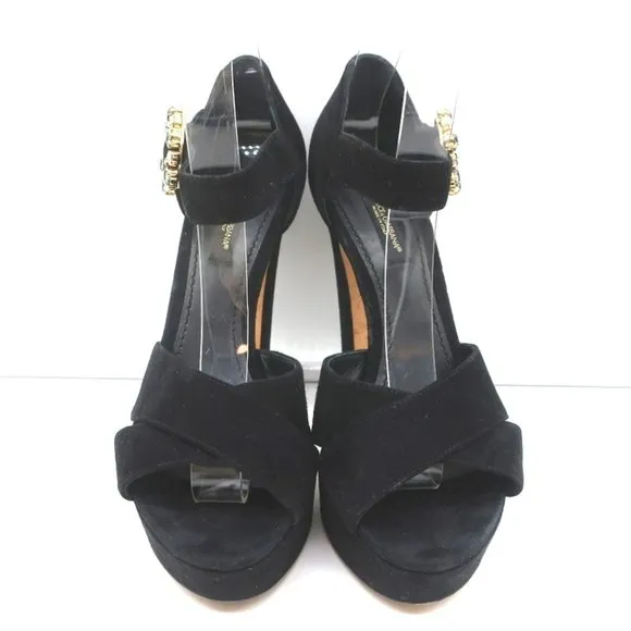 DOLCE &amp; GABBANA CRYSTAL BUCKLE PLATFORM SANDALS BLACK CRISSCROSS SUEDE SIZE 36