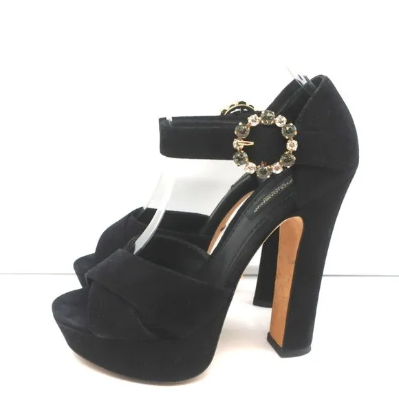 DOLCE &amp; GABBANA CRYSTAL BUCKLE PLATFORM SANDALS BLACK CRISSCROSS SUEDE SIZE 36