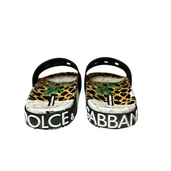 Dolce &amp; Gabbana Portofino Leopard Floral Rubber Logo Pool Slides Sandals Size 40