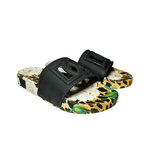 Dolce &amp; Gabbana Portofino Leopard Floral Rubber Logo Pool Slides Sandals Size 40