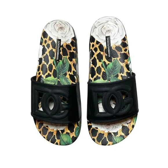 Dolce &amp; Gabbana Portofino Leopard Floral Rubber Logo Pool Slides Sandals Size 40