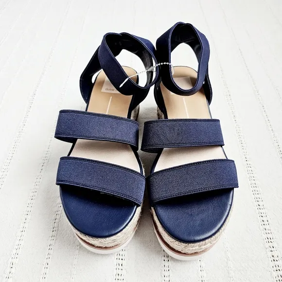 Dolce Vita Espadrille Platform Sandals Shoes Elastic Ankle Straps Navy 6 NEW