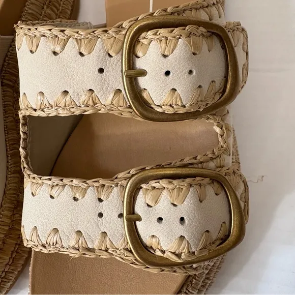 DOLCE VITA Wanika Sand Nubuck Leather Raffia Buckle Slide Sandals