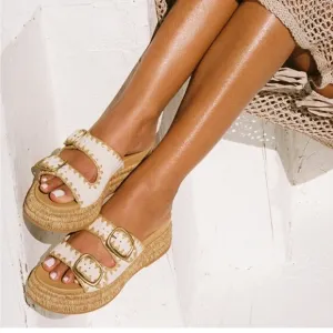 DOLCE VITA Wanika Sand Nubuck Leather Raffia Buckle Slide Sandals