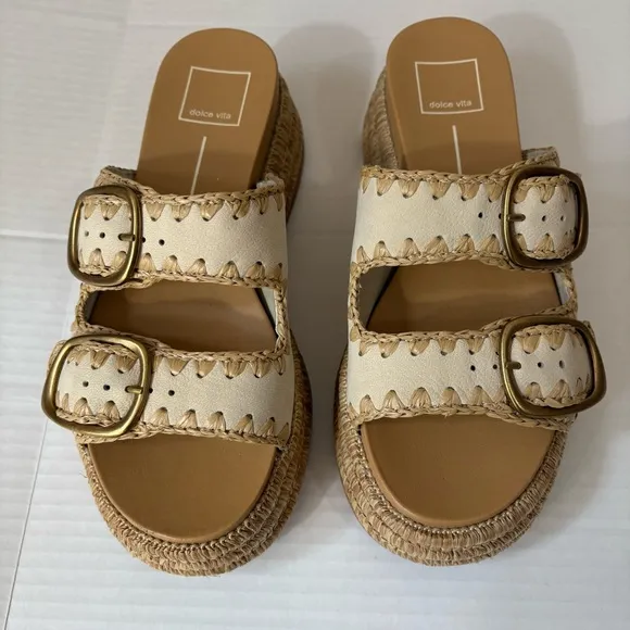 DOLCE VITA Wanika Sand Nubuck Leather Raffia Buckle Slide Sandals