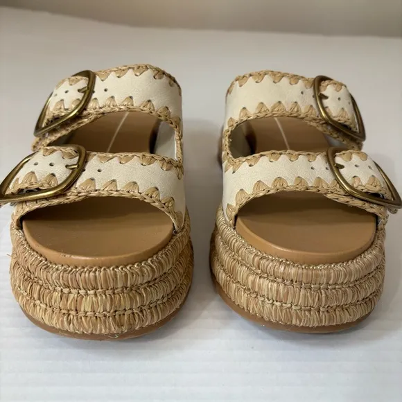 DOLCE VITA Wanika Sand Nubuck Leather Raffia Buckle Slide Sandals