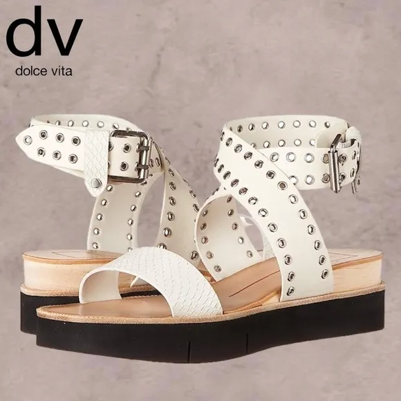 DOLCE VITA White Panko Leather Croc-Embossed Grommet Platform Sandals