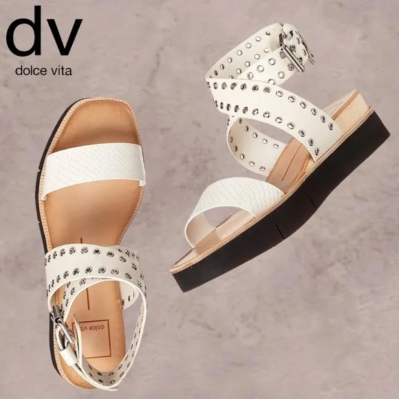 DOLCE VITA White Panko Leather Croc-Embossed Grommet Platform Sandals